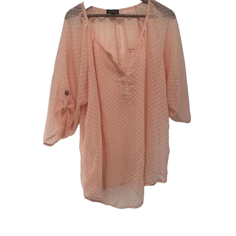 2X Cal Style Peach Sheer Long Sleeve Tunic Boho‎ Blouse swiss dot cottagecore
